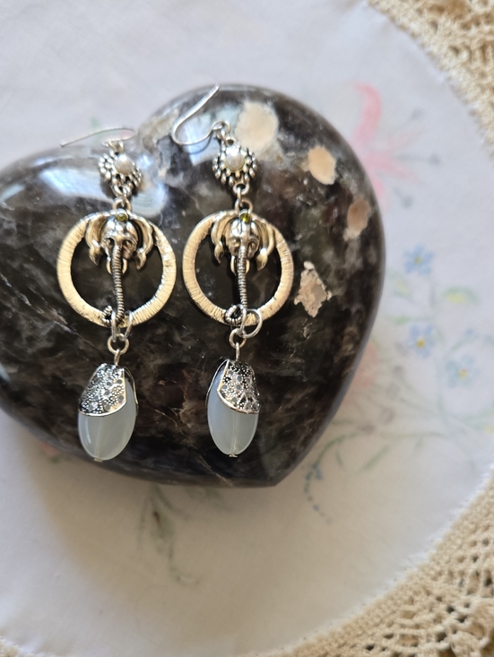 Jewelry - Silver Elephant Hoop Drop Earrings with Pale Blue Gem